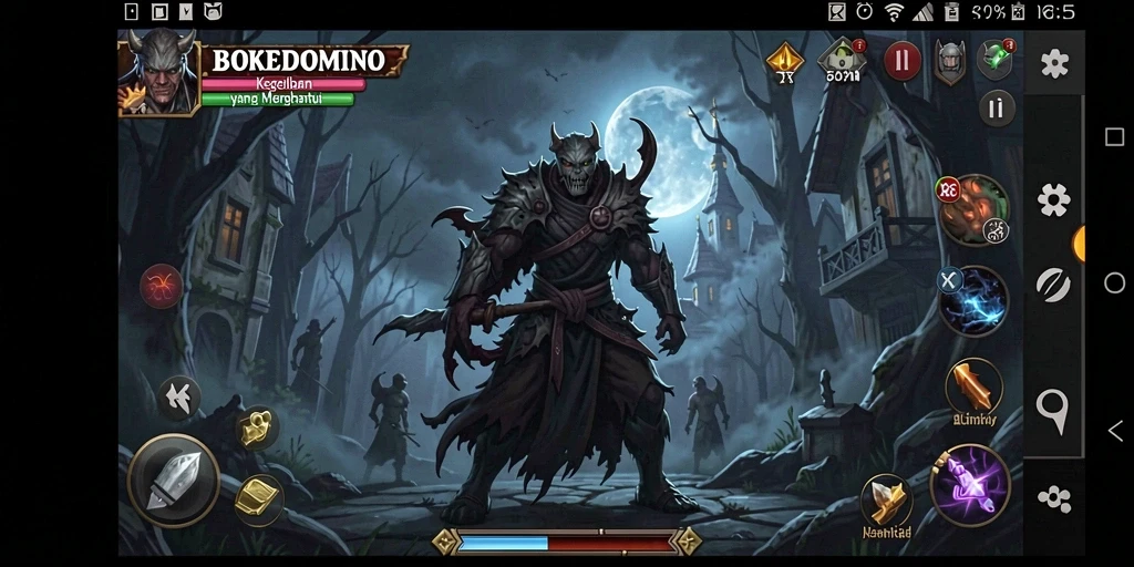 Tampilan gameplay BOKEDOMINO dengan suasana menegangkan dan mencekam.
