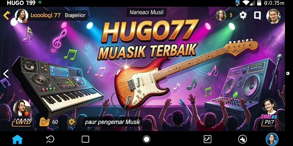 Tampilan gameplay seru HUGO77 dengan berbagai pilihan musik.