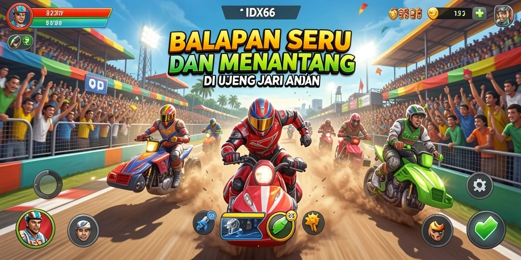 Screenshot menunjukkan aksi balapan mendebarkan di trek yang menantang.
