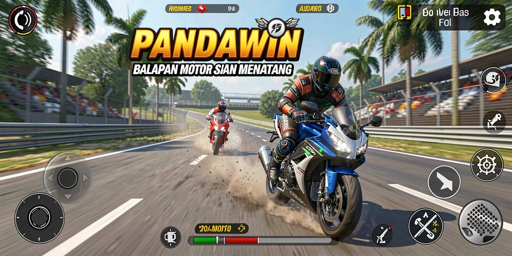 Screenshot gameplay PANDAWIN menampilkan balapan motor yang seru di lintasan yang menarik.